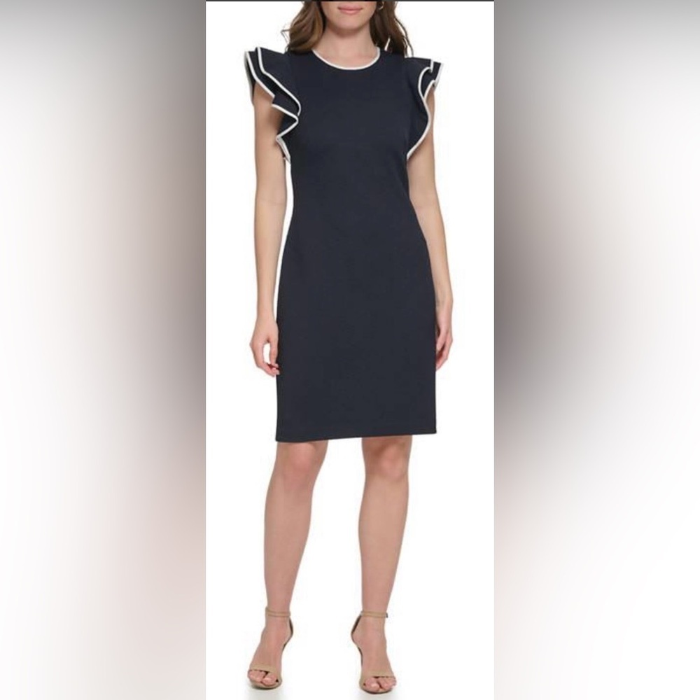 Tommy Hilfiger Womens Piped Flutter Sleeve Knit Sheath Dress (0007)
